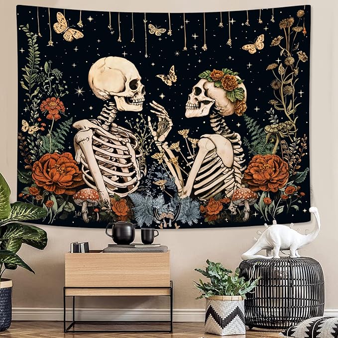 Wegklazax Floral Skeleton Lovers Tapestry Aesthetic Skull Gothic Tapestry for Bedroom The Lovers Wall Hanging for Bedroom Living Room Skull2 70×90 Inches