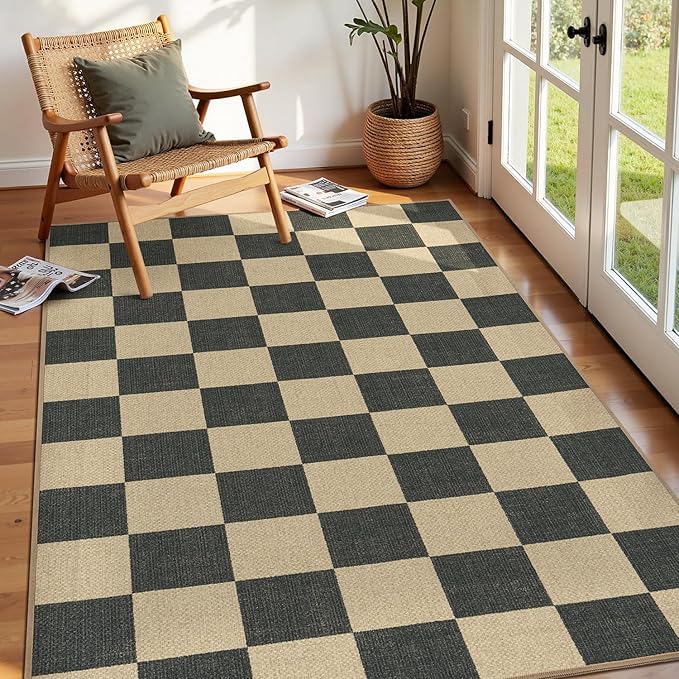 Lessymo Checkered Easy Jute Entryway Rug, 3x5 Washable Area Rugs for Living Room Outdoor Patio, Non Slip Farmhouse Carpet Indoor Door Mat for Entry Front Door Guestroom Deck, Diamond Black/Beige