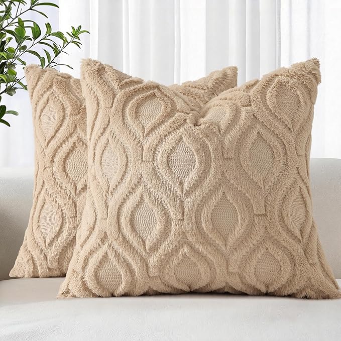 decorUhome Cozy Textured Throw Pillow Covers 16x16 Inch Set of 2, Soft Plush Faux Wool Light Khaki Accent Couch Pillow Covers for Modern Farmhouse Sofa Bed Living Room