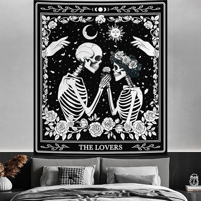 Atrippy Halloween Gothic Room Decor Tapestry, Goth Skull Grunge Tapestry for Bedroom, Witchy Dark Aesthetic Home Decor, Small Skeleton Vintage Black and White Emo Wall Decor (36" X 48")