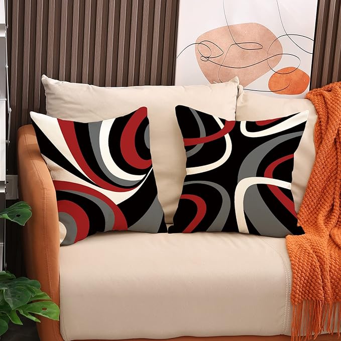 Red and Black Throw Pillow Covers 20x20 Set of 4,Grey Modern Abstract Pillowcases,Gray Geometric Circle Pattern Decor for Sofa Couch Living Room Bedroom Home Outdoor
