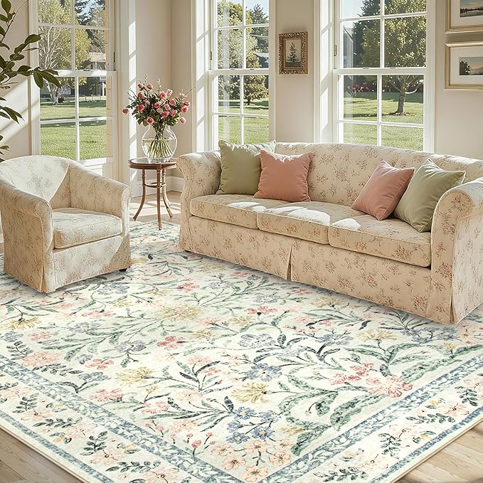 Lahome Sylvie Boho Washable Girls Bedroom 9x12 Rugs, Beige Cream Floral Large Area Rugs for Bedroom, Soft Non-Slip Thin Carpet for Nursery Kids Playroom Dining Room Home, Beige