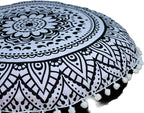 Round Mandala Floor Pillow Cover Seating Cushion Throw Cover Hippie Decorative Bohemian Ottoman Pouf Cover, Pom Pom Pillow Cases,Boho Indian 22 Inches (Black Flower)