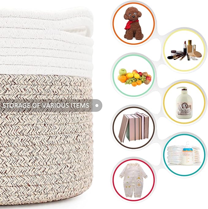Laundry Hamper,Blanket Basket in Living Room Decor,Pure Cotton Rope Woven Basket for Dirty Clothes,Storage Basket for Nursery Bin,Baby Toy Storage,15.5 * 13.5 inches-40L White & Brown Mixed