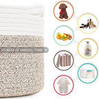 Laundry Hamper,Blanket Basket in Living Room Decor,Pure Cotton Rope Woven Basket for Dirty Clothes,Storage Basket for Nursery Bin,Baby Toy Storage,15.5 * 13.5 inches-40L White & Brown Mixed