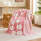 Checkered Throw Blanket, Dusty Pink Flower Blanket for Couch, 60"x80" Soft Plaid Knit Blanket for Home Decor, Reversible Checkerered Blankets for Sofa, Chair, Bed