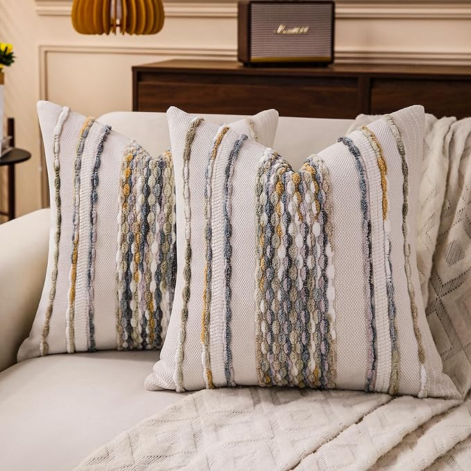 Boho Striped Throw Pillow Covers 18x18 Inch Set of 2 Farmhouse Square Decorative Pillow Covers Chenille Tufted Accent Neutral Pillowcase Grey Blue Cushion Cover for Living Room Couch Sofa Bed