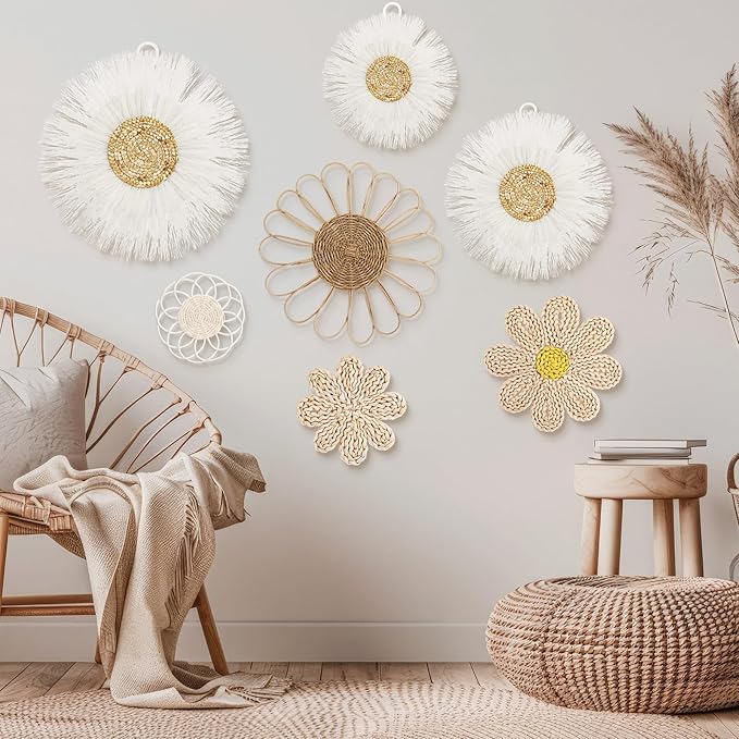 Chunful 7 Pcs Boho Wall Basket Decor Rattan Flower Wall Decor Nursery Daisy Flower Woven Macrame Hanging Flowers for Baby Kids Girls Farmhouse Bedrooms Living Rooms Kitchen Home(Milky White)