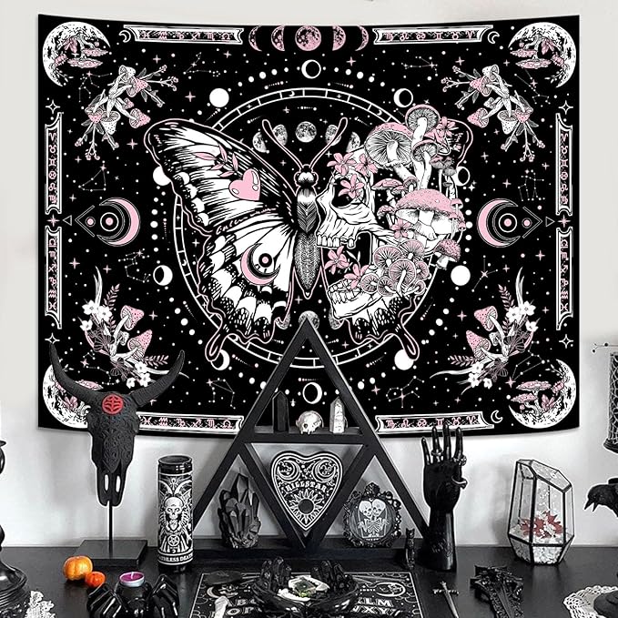 Skeleton Butterfly Tapestry Pink Skull Hippie Mushroom Plants Tapestry for Bedroom Moon phase Aesthetic Tapestries Wall Hanging for Living Room Dorm (Pink, 80” x 60”)