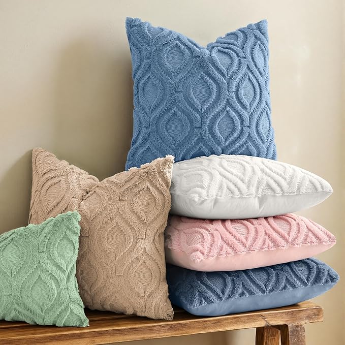 decorUhome Cozy Textured Throw Pillow Covers 18x18 Inch Set of 2, Soft Plush Faux Wool Dusty Blue Accent Couch Pillow Covers for Modern Farmhouse Sofa Bed Living Room