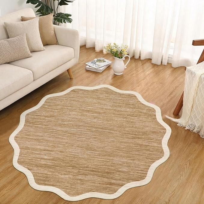 GarveeHome Scalloped Washable Round Rugs 4ft, Non-Slip Soft Ultra-Thin, Small Boho Circle Stain Resistant Low Pile Carpet for Entryway Kitchen Bedroom Nursery Bathroom, Light Brown