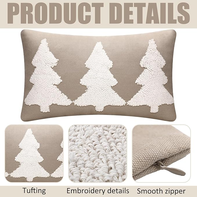 Mixweer Christmas Tree Pillow Covers 12 x 20 Inch Christmas Pillow Covers Neutral Xmas Decor Neutral Tufted Embroidery Decorative for Winter Sofa Home Living Room Bedroom Holiday Decor
