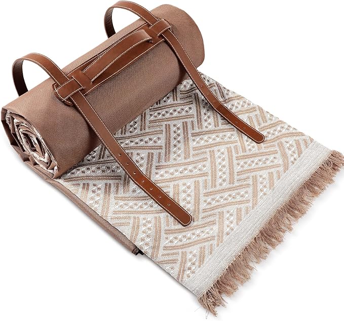 VitalCozy Waterproof Picnic Blankets 71×71 inch Outdoor Blanket Foldable 2 in 1 Double Layer Sandproof Beach Mat with Carry Strap for Camping Lawn Park Beach Grass(Khaki)
