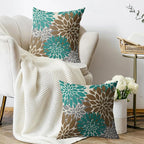 Brown Teal Pillow Covers 18X18 Inch Set of 2, Dahlia Flower Spring Summer Floral Cream Decorative Throw Pillow Covers Outdoor Modern Farmhouse Cushion Case for Home Couch Sofa Bed Decor