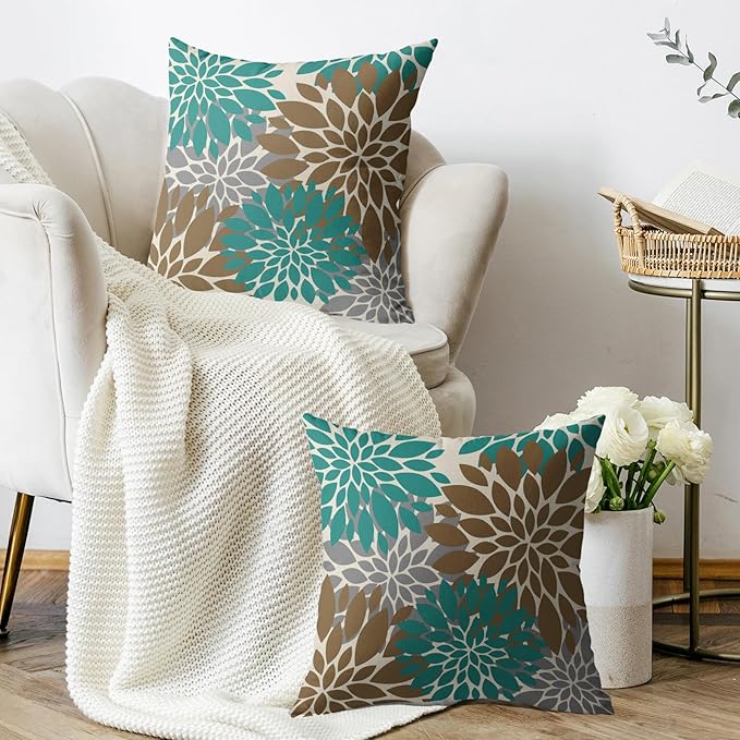 Brown Teal Pillow Covers 24X24 Inch Set of 2, Dahlia Flower Spring Summer Floral Cream Decorative Throw Pillow Covers Outdoor Modern Farmhouse Cushion Case for Home Couch Sofa Bed Decor