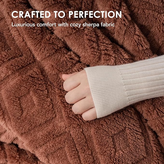 EverGrace Jacquard Boho Sherpa Fleece Throw Blanket for Couch, Super Soft Cozy Fuzzy Plush Blankets for All Seasons, Reversible Thick Warm Blanket for Bed, Sofa, Living Room, Terracotta, 60" x 80"