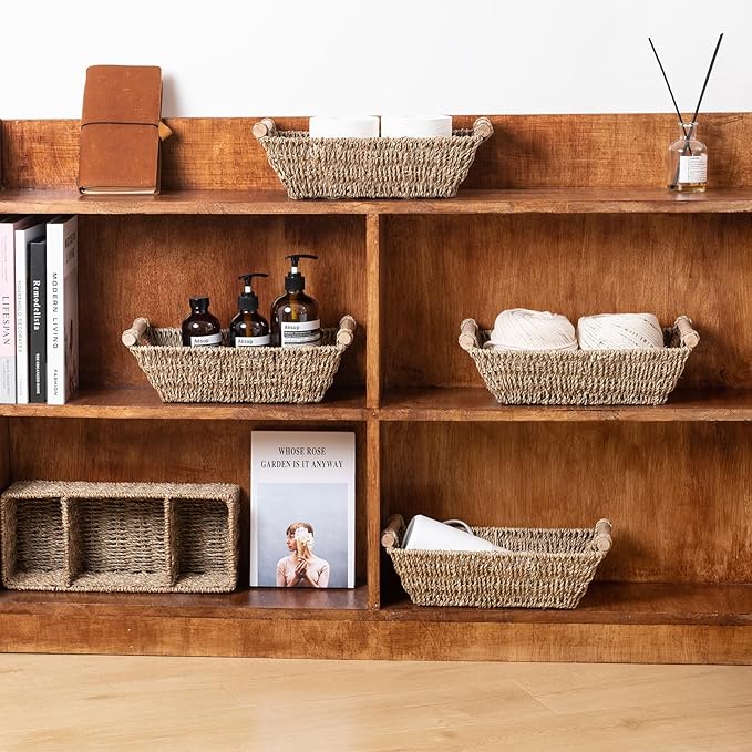 Small Wicker Baskets,small baskets for organizing,wicker storage Basket,small woven basket Seagrass Storage Baskets,Rattan Basket for Shelves Toilet Paper Basket with Handle,4 Pack