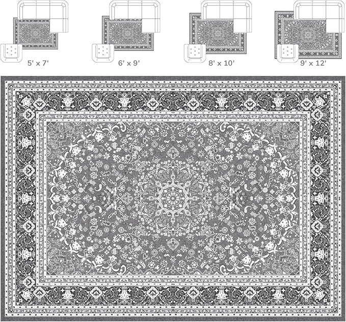 Lessymo Area Rugs 9x12 Living Room- Large Area Rug Machine Washable Area Rug for Bedroom Living Room, Vintage Rugs Boho Floral Medallion, Non-Slip Rubber, Low Pile, Kid & Pet Friendly, Grey White