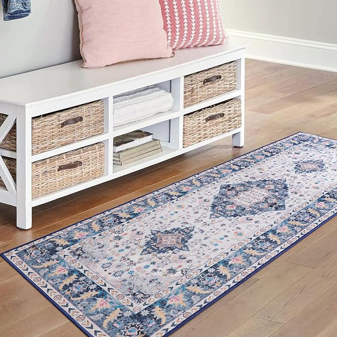 Amearea Vintage Design Runner Rugs for Living Room, 2x6 Machine Washable Floral Collection Traditional Bedroom Rug, Low Pile Cute Kids Room Print Carpet, No Slip Office Kitchen Home Decor, Blue