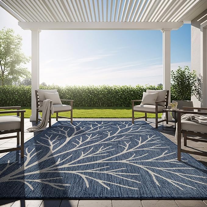 Washable Indoor Outdoor Rug 8x10 Modern Area Rugs Branch Pattern Non Shedding Waterproof Easy Clean Patio Deck Porch Living Room Bedroom Garden RV (8 X 10 Blue)