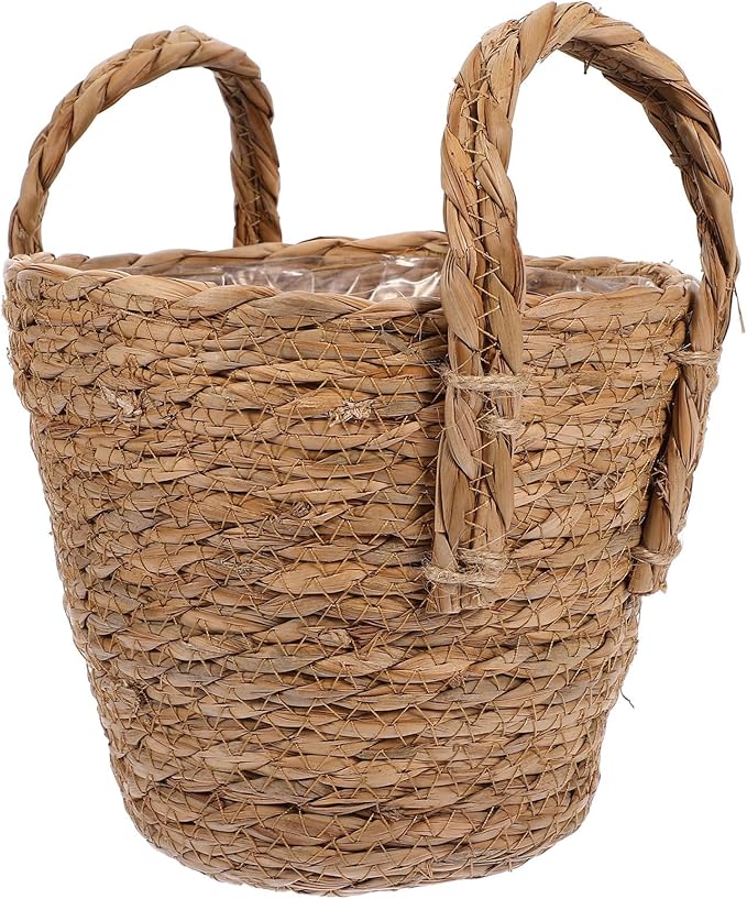 Zerodeko Seagrass Planter Basket Straw Plant Baskets Woven Basket Flower Plant Pot Wicker Plant Containers with Plastic Liner for Indoor Plants Laundry Room 16cm Khaki