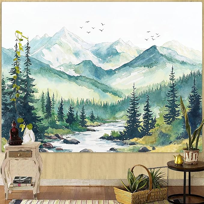 Accnicc Watercolor Forest Mountain Tapestry Green Nature Pine Tree River Wall Tapestry for Bedroom Aesthetic Misty Woods Birds Small Tapestries Wall Hanging for Living Room Dorm Decor 48 x 36 Inch