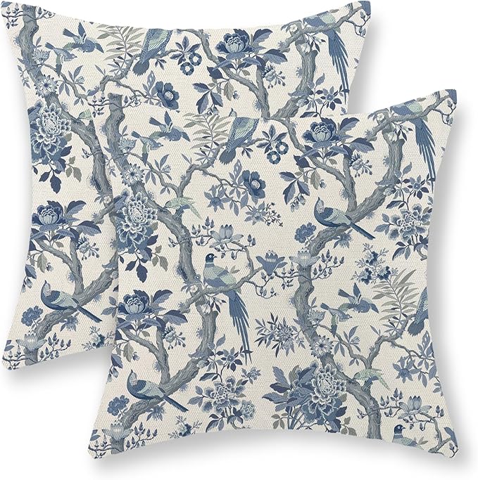 Chinoiserie Floral Birds Pillow Covers 18x18 Set of 2 Blue and Cream Spring Flower Decoratiove Pillowcase Vintage Outdoor Decor Throw Pillows for Couch Farmhouse Cushion Case for Home Sofa