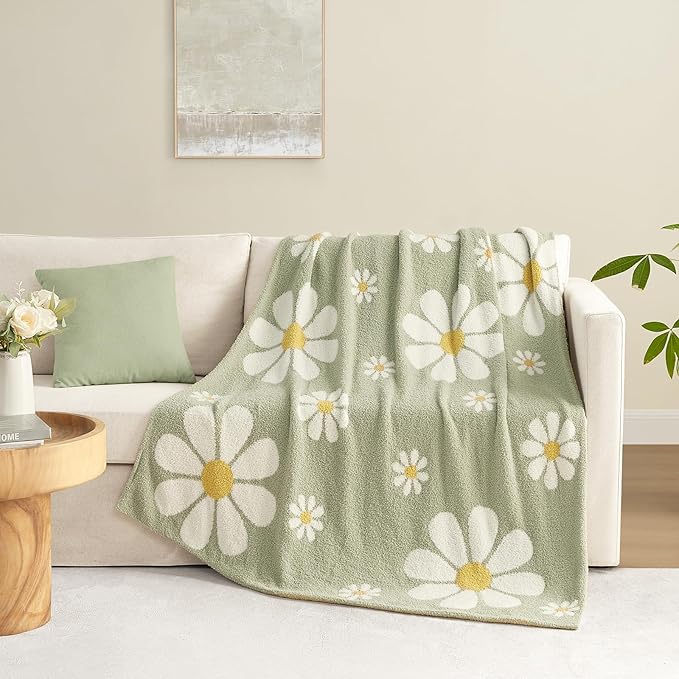Snuggle Sac Spring Flower Throw Blanket for Couch, Fuzzy Microfiber Warm Winter Floral Blankets, Cute Throws for Girls Daughter Gifts, Flower Sage Green, 50x60 inches