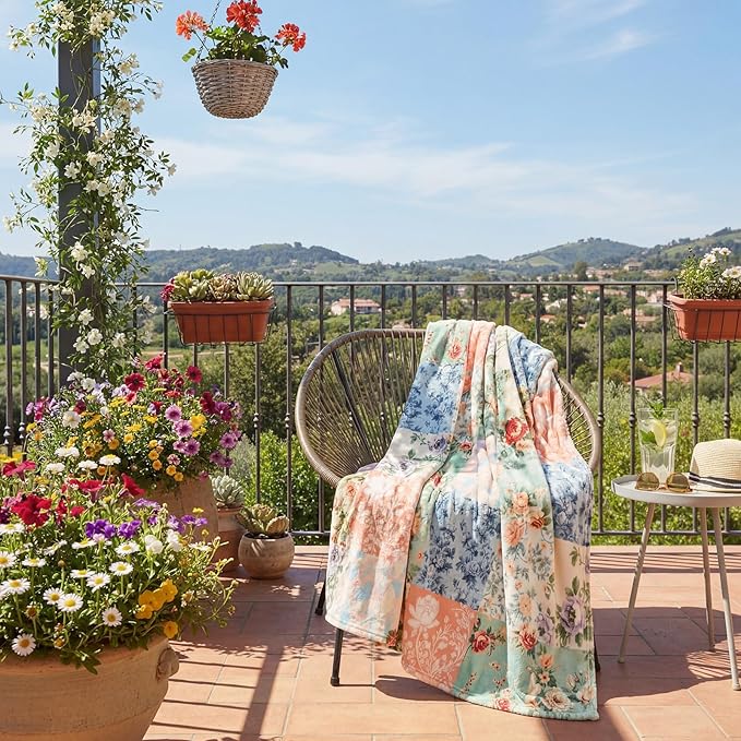 Boho Pastel Floral Throw Blanket Ultra Soft Fleece Patchwork Blanket for Couch and Bed Holiday Theme Cozy Throw Decoration Warm Gift for Spring Summer, 50 x 60 Inches