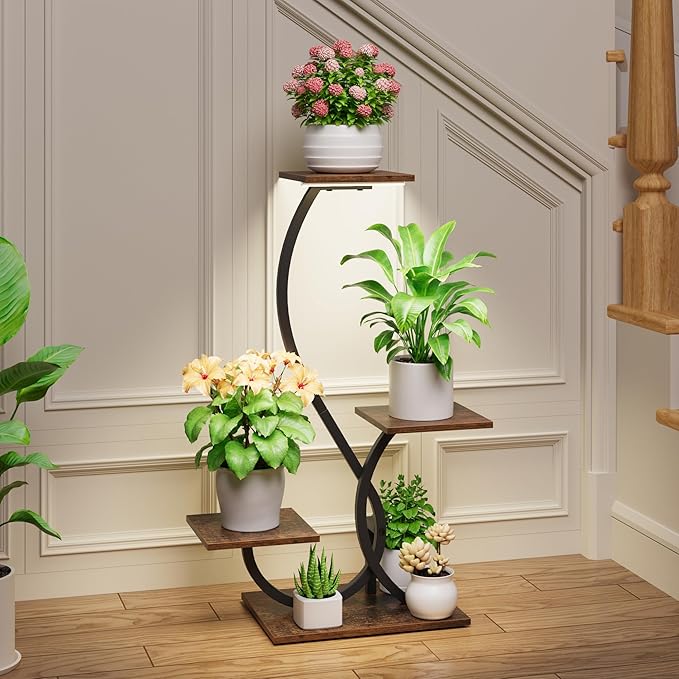 Plant Stand Indoor with Grow Lights - S-Shaped Plant Shelf, Lighted Corner Plant Stands for Indoor Growing, 32" Metal Flower Holder, 4 Tiered Decorative Shelves for Home, Hallway, Black