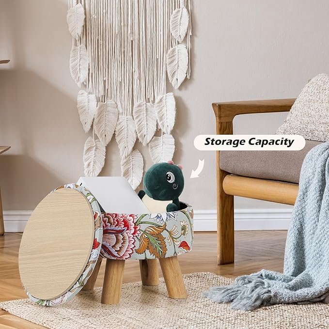 ETELI Storage Ottoman Round Small Foot Rest with Wood Legs Boho Footstool with Padded Seat Ottomans and Footstools for Couch Hallway Living Room Bedroom Enterway