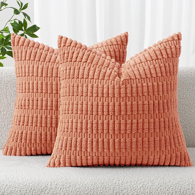 MIULEE Pack of 2 Corduroy Decorative Euro Sham Throw Pillow Covers 24x24 Inch Soft Boho Striped Pillow Covers Modern Farmhouse Home Decor for Summer Sofa Living Room Couch Bed Coral