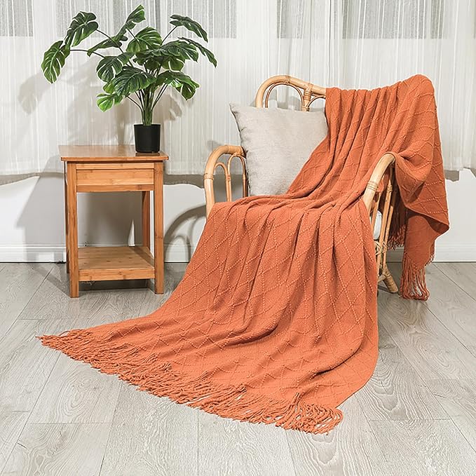 Throw Blanket for Couch Bed, Sofa Knit Blanket Farmhouse Throw for Living Room, Decorative Fall Throw Blanket for Chair, Outdoor Textured Boho Blanket（Rust 51x67In）