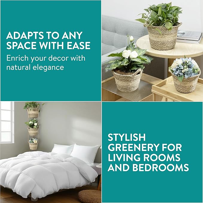 Navaris Seagrass Hanging Plant Pot Set - Decorative Indoor House Plant & Flower Pots with Jute Rope - Woven Basket Pattern for Home Storage - Small, Medium and Large Planters