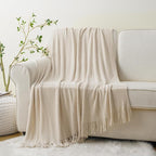BATTILO HOME Beige Throw Blanket for Couch, Soft Chenille Knit Throws with Tassels for Home Decor, White Cream Throws for Bed Couch Cover, 60"x80"