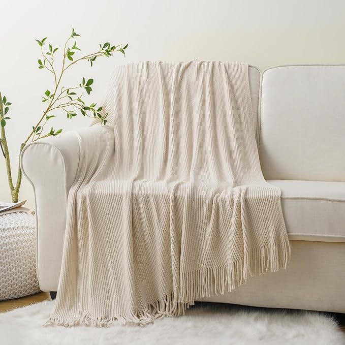 BATTILO HOME Beige Throw Blanket for Couch, Soft Chenille Knit Throws with Tassels for Home Decor, White Cream Throws for Bed Couch Cover, 60"x80"