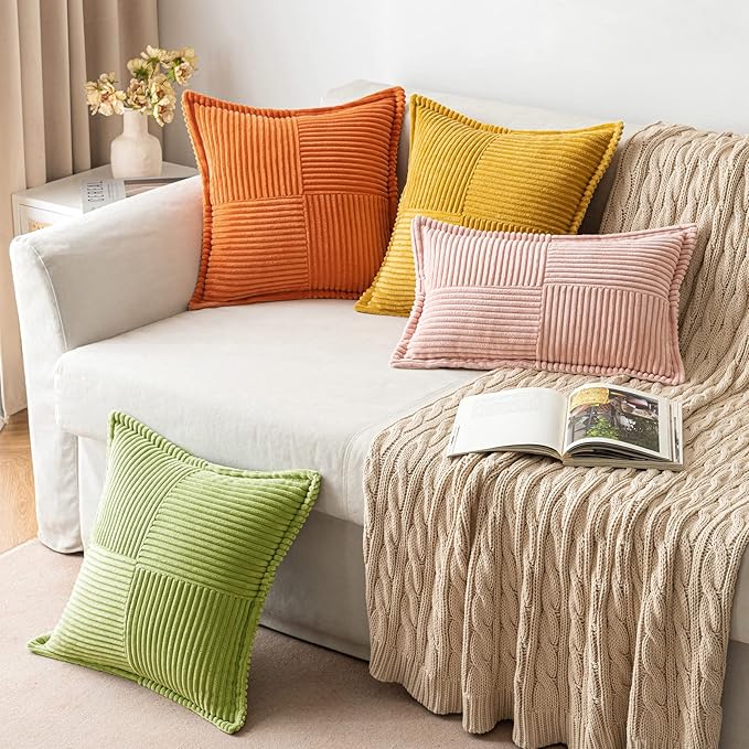 MIULEE Spring Decorative Throw Pillow Covers for Couch Bed Livingroom 16x16 Inch Set of 2 Green Boho Accent Throw Pllows Broadside Striped Patchwork Soft Corduroy Summer Pillowcases