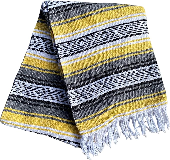 Del Mex Classic Mexican Blanket, Large Authentic Woven Falsa Throw (70"x50"), Artisan Southwest Décor for Beach, Yoga, Outdoors (Yellow)