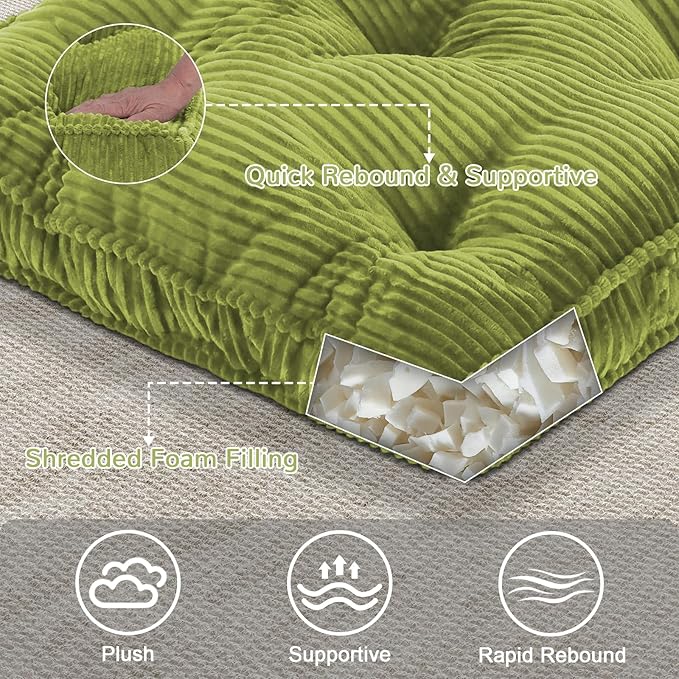 Floor Pillow Set of 2, 22x22 Tufted Floor Cushion for Adults, Square Large Meditation Cushion Pillow, Corduroy Sitting Pillow with Handle, Yoga Seating for Tatami, Light Green