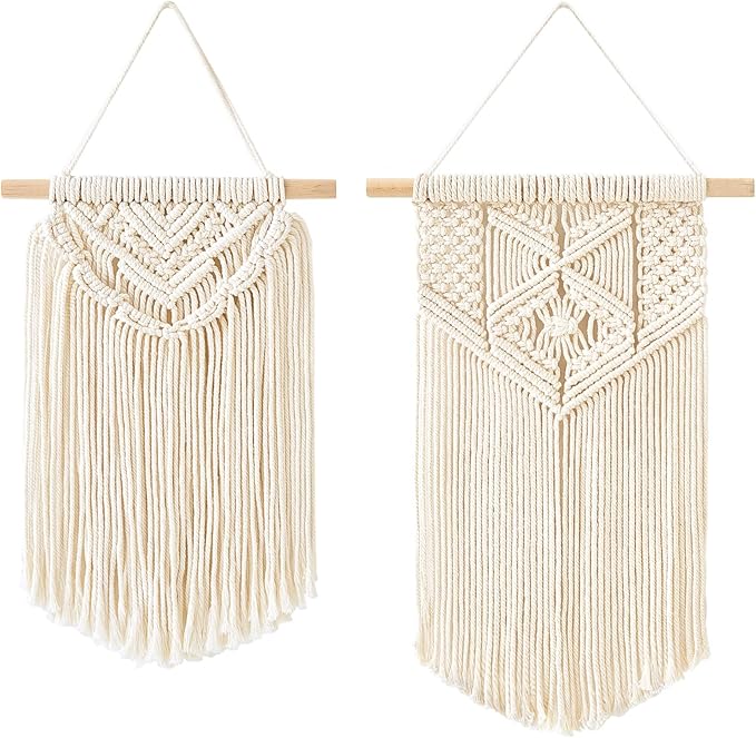 Mkono 2 Pcs Macrame Wall Hanging Boho Wall Art Decor Woven Chic Bohemian Room Decor for Bedroom Nursery Living Room Dorm Apartment, Small Size 13" L x 10" W and 16" L x 10" W