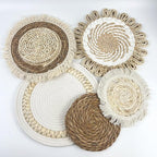 Set of 7 Boho Wall Baskets, Wall Hanging Rattan Decor, Flat Round Woven Water Hyacinth Corn Husk Farmhouse Handmade Macrame Hanging Woven Baskets for Living Room Bedroom Dining Room - Light Color