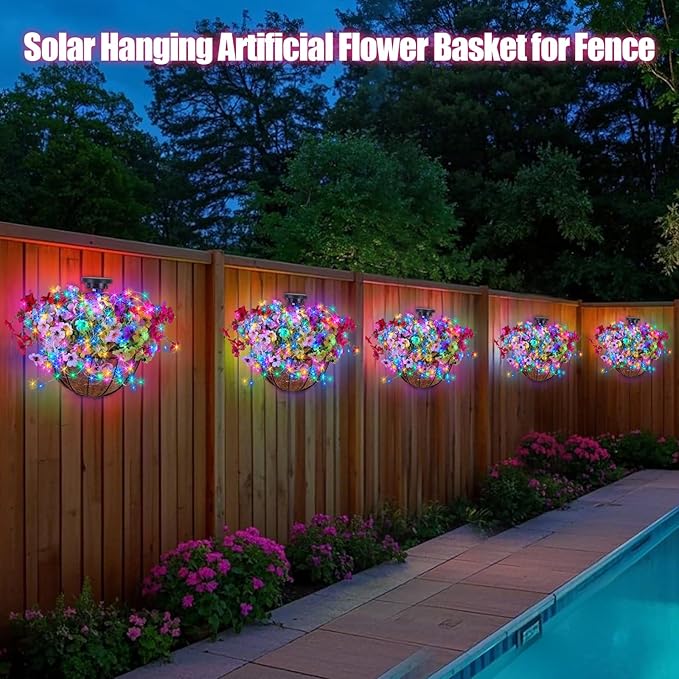 Solar Hanging Basket with Artificial Flowers: Outdoor Fake Flower Baskets with Solar String Lights for Fall Decor - 10 inch Plant Basket with Silk Faux Petunias for Porch Railing Fence Wall Door