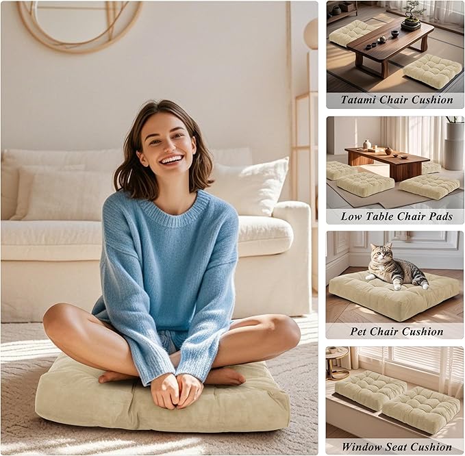 Meditation Floor Pillow 22×22 Inch 2 Pack Large Floor Cushions for Adults Square Tufted Corduroy Floor Pillows for Yoga Living Tatami Room Beige