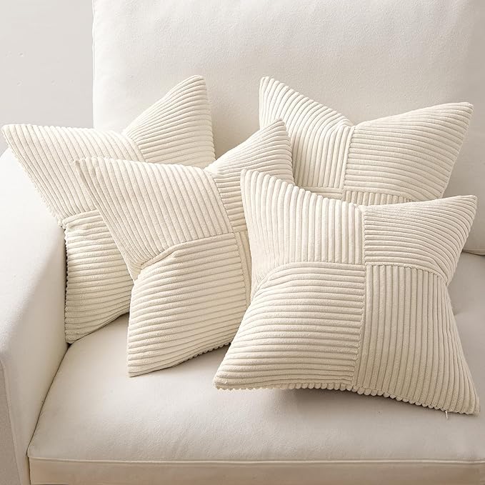 MIULEE Beige Throw Pillow Covers 20x20 Inch Set of 4 Boho Patchwork Cushion Cases Modern Farmhouse Pillow Cases with Invisible Zipper Corduroy Striped Home Decor for Couch Sofa Bedroom