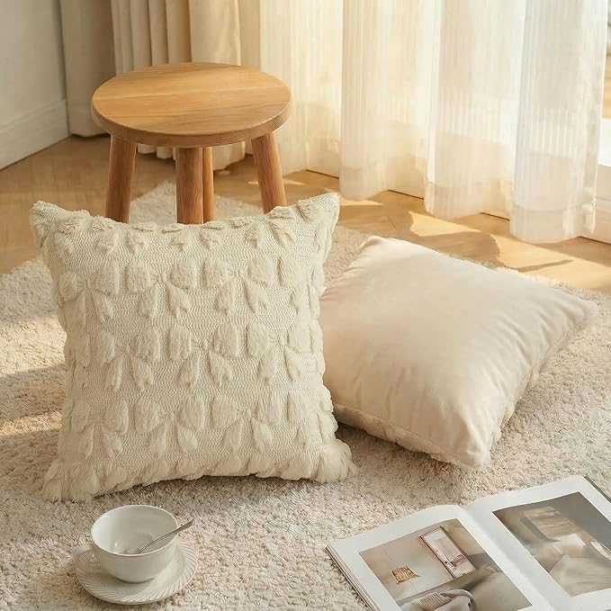 AVOIN colorlife Beige Spring Bow Throw Pillow Covers Set of 2, 18 x 18 Inch Coquette Aesthetic Room Decor Soft Plush Faux Fur Cushion Case for Girls Room