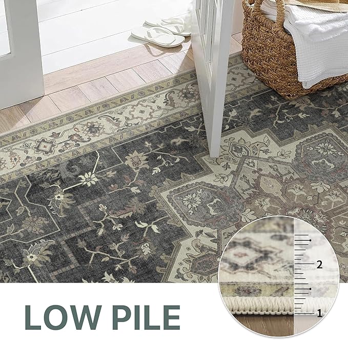 GENIMO 8x10 Area Rugs for Living Room, Machine Washable Rug, Non Slip Indoor Vintage Rug, Low Pile Lightweight Chenille Print Carpet for Bedroom Dining Room Home Office, Muted Charcoal Beige