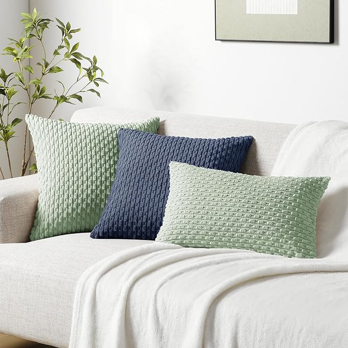 Softalker Throw Pillow Covers 18x18 Inch, Set of 2, Soft Corduroy Boho Stripe Decorative Pillow Cover, Couch Fluffy Pillow Cover for Farmhouse Home Decor Bed Living Room, Dark Blue