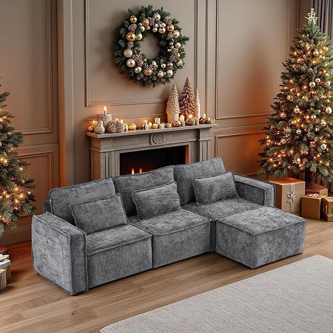 VINGLI 111" Convertible Modular Sectional Sofa,Comfortable L Shaped Reversible Couch with Ottoman, Removable 3 Seater Boneless Modern Couch, Durable Chenille Cloud Sofa for Living Room,Grey