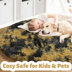 Amdrebio Black Gold Yellow Grey Round Circle Rugs 5Ft for Bedroom Living Room Decor, Fluffy Furry Area Rug for Kids Room Dorm Home Office, Modern Cool Leopard Cheetah Shag Carpet for Teen Boys Men