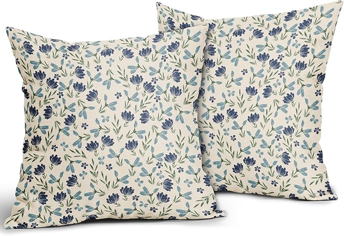 Green Teal Navy Blue Floral Pillow Covers 24x24 Set of 2 Vintage Rustic Old Style Cute Small Flower Print Decorative Outdoor Pillowcases Farmhouse Throw Cushion Case Decor for Couch Sofa Bed